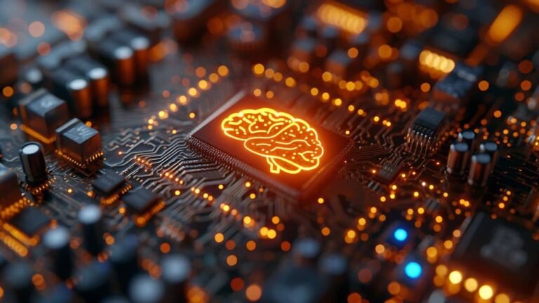 Artificial intelligence brain icon on a glowing microchip