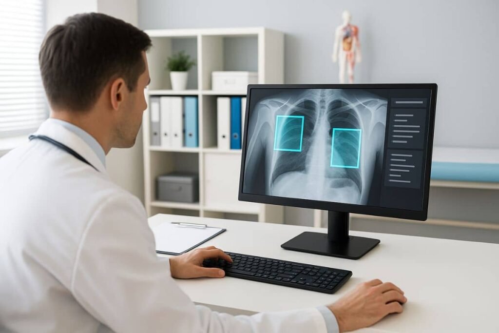 Doctor reviewing AI-assisted medical imaging results
