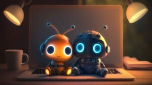 Cute robots representing AI learning tools for young minds sitting on a laptop