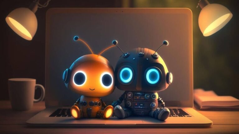 Cute robots representing AI learning tools for young minds sitting on a laptop
