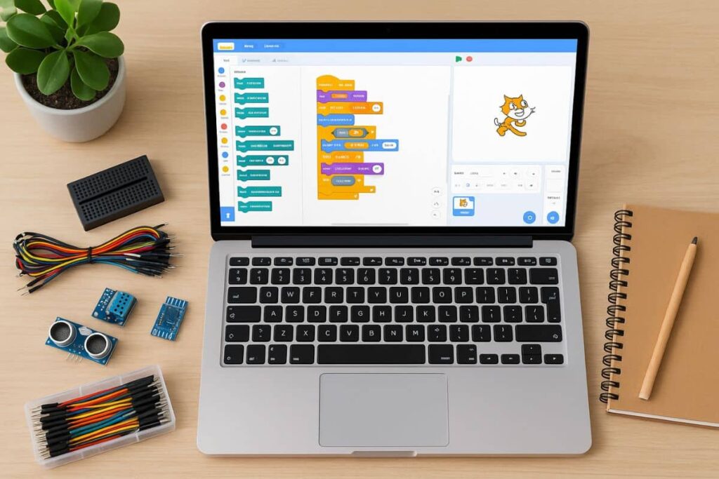 Home workspace setup showing a child-friendly laptop with coding blocks on screen
