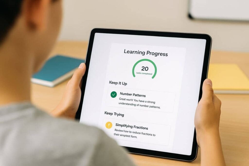 Young learner using a tablet with adaptive AI feedback on progress
