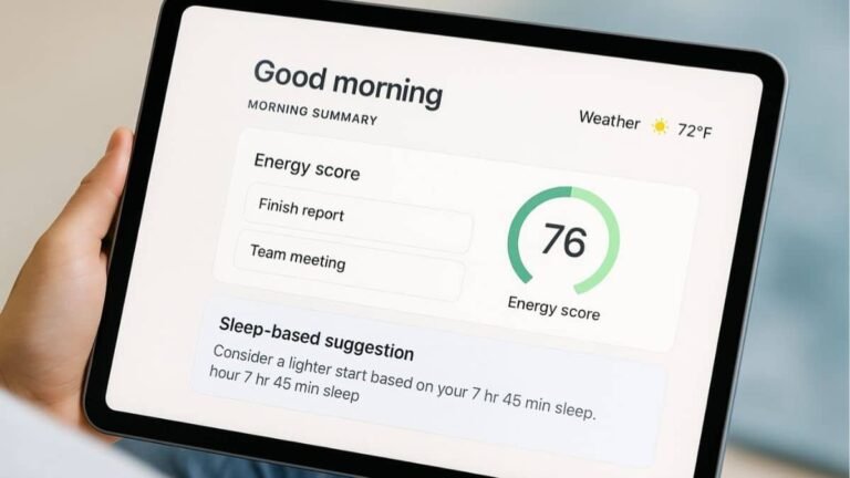 AI morning routine summary with energy score and task suggestions