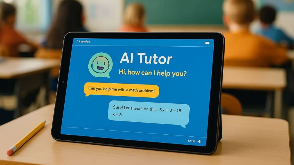 Student using AI learning tool on a tablet in a modern classroom setting