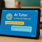 Student using AI learning tool on a tablet in a modern classroom setting