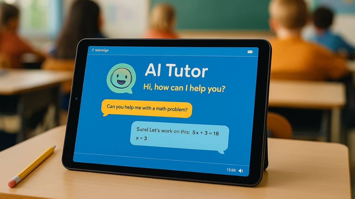Student using AI learning tool on a tablet in a modern classroom setting