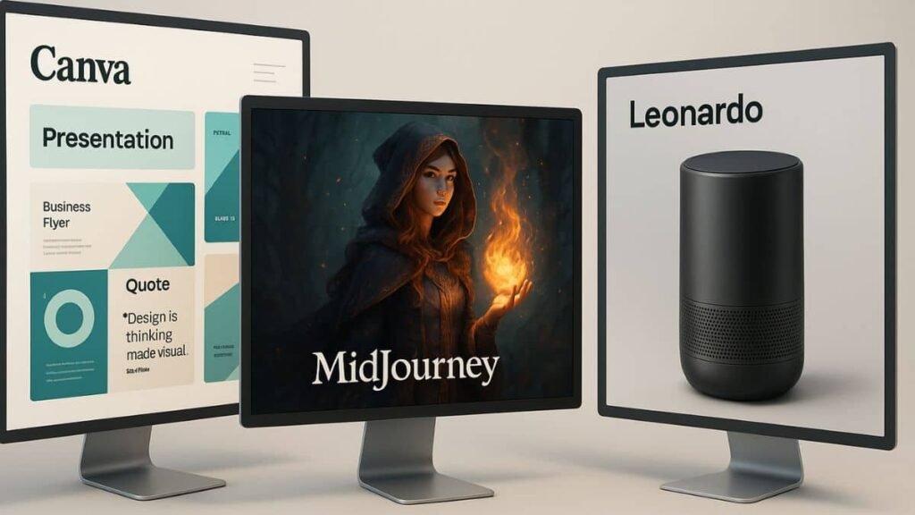 AI visual content creation tools comparison Canva MidJourney Leonardo