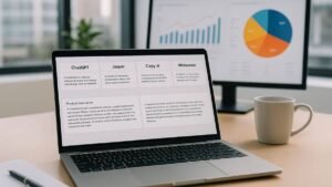 AI writing tools comparison workspace with laptop and charts