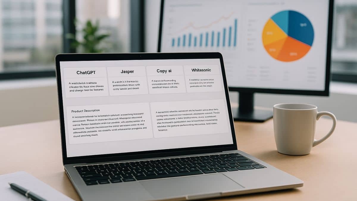 AI writing tools comparison workspace with laptop and charts