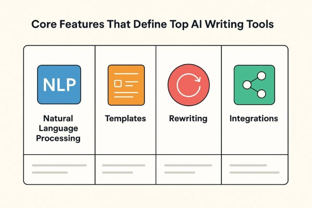 Core features of top AI writing assistants in a comparison chart