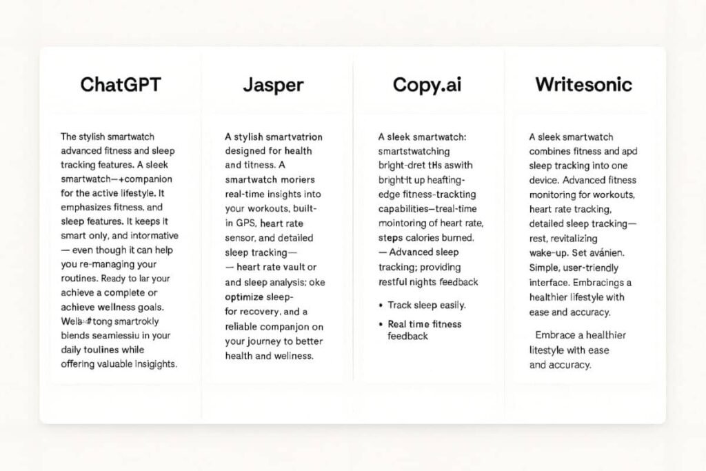 AI writing tools comparison of generated product descriptions from four tools