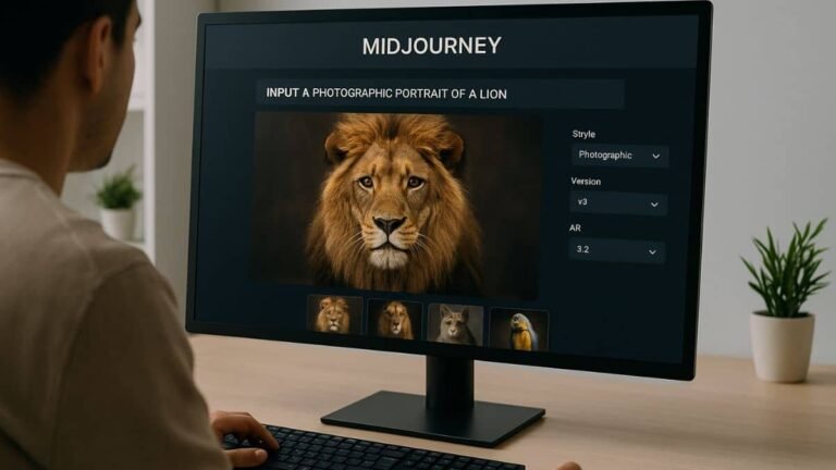 Realistic workspace showing someone using MidJourney on a computer