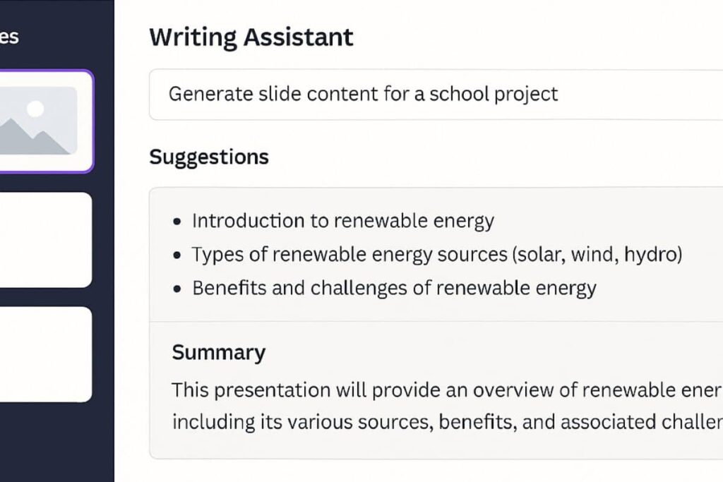 Canva AI Magic Write generating slide text suggestions for school projects