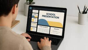 Student using Canva AI to create a school presentation on a laptop