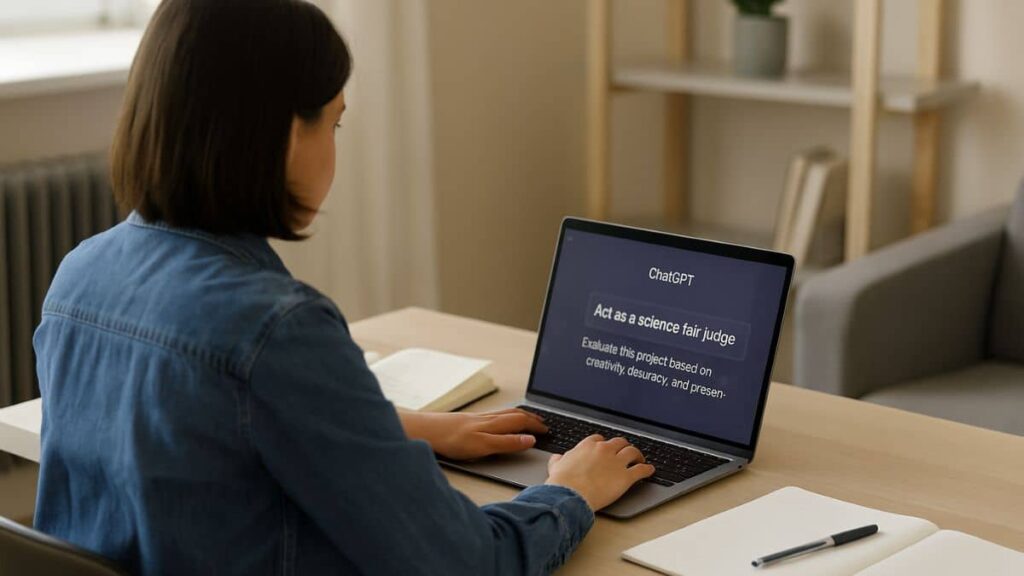 Student using ChatGPT on laptop for class project brainstorming