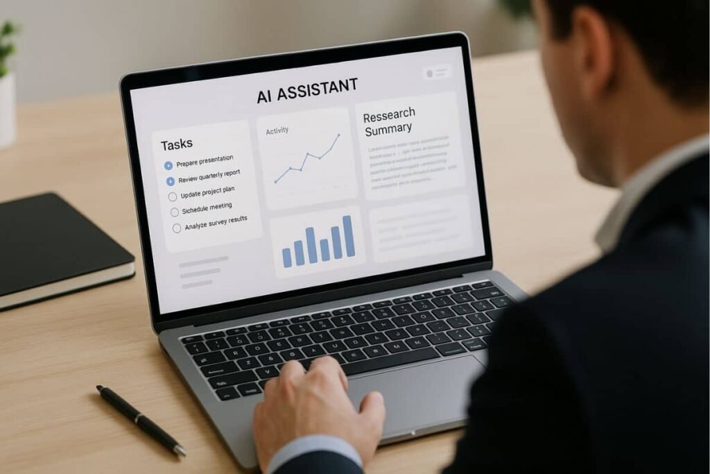 Over-the-shoulder view of using an AI assistant dashboard for work tasks