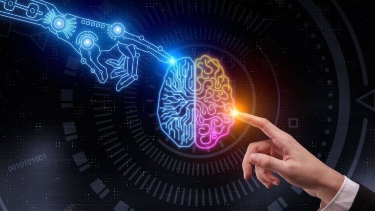 Human and AI collaboration concept with robotic and human hands touching over a brain illustration.