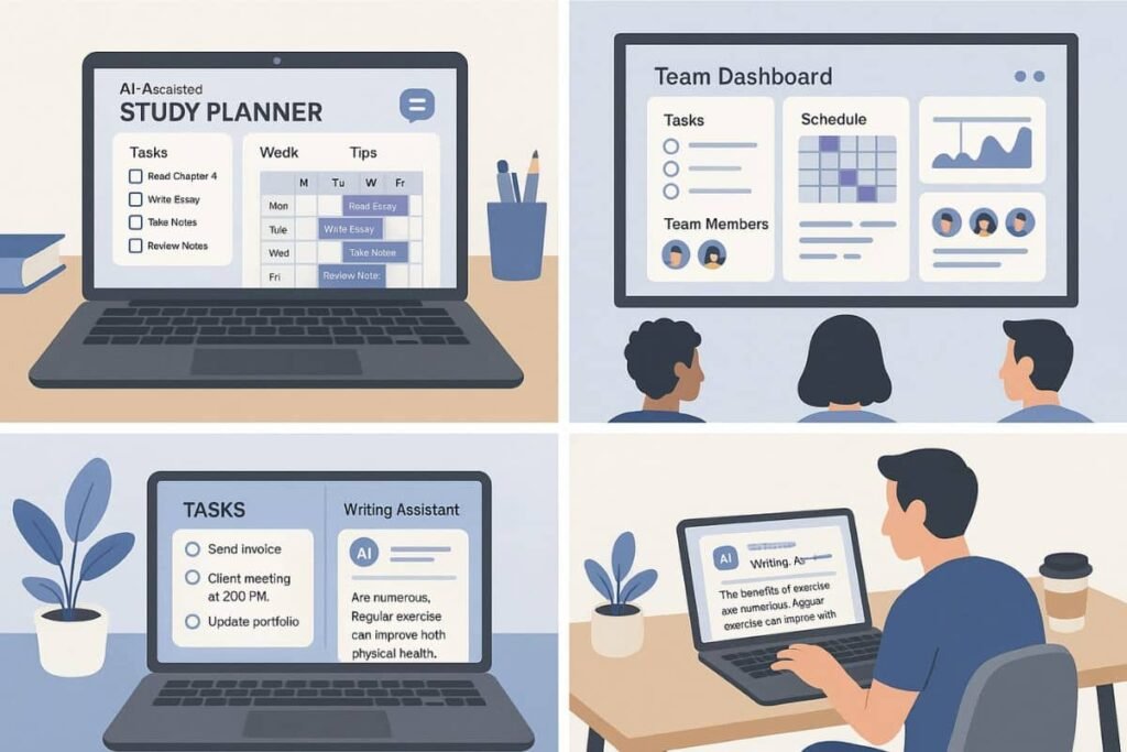 Three-panel illustration showing student, team dashboard, and freelancer workspace using AI tools