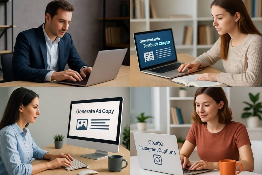 Professionals using AI writing tools in various real-world scenarios