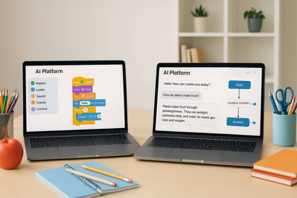 Kids experimenting with beginner-friendly AI tools and apps on laptops