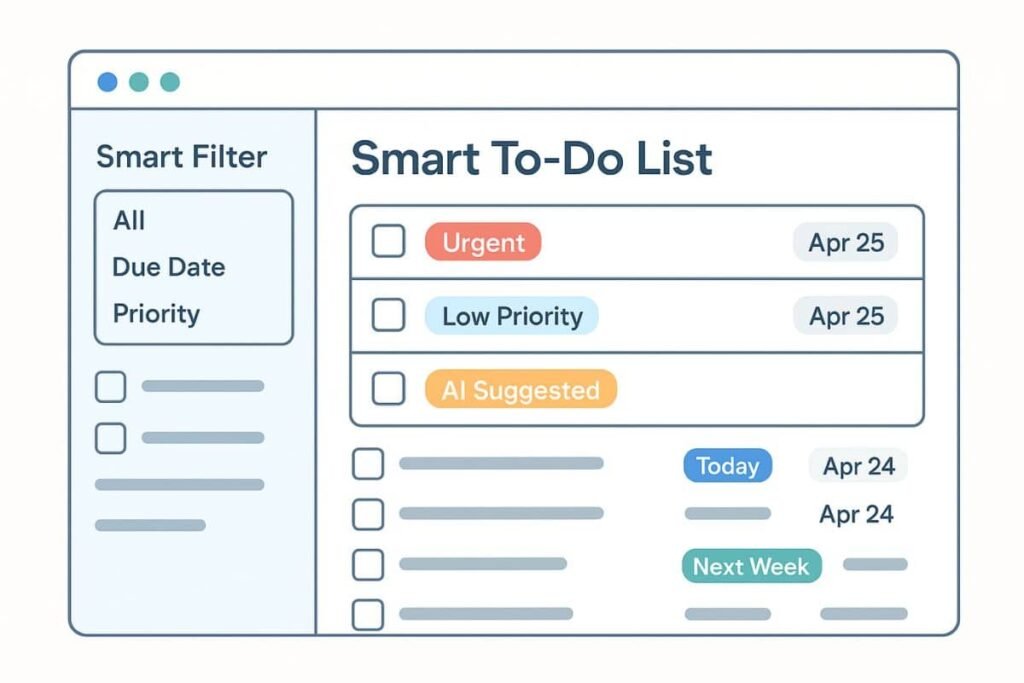 smart to-do list in Notion AI: Illustration of a smart to-do list interface with AI suggestions and prioritization features