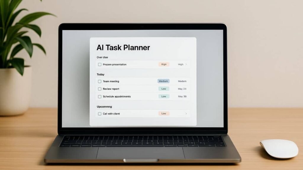 Modern workspace showing a laptop screen with an AI-enhanced task list