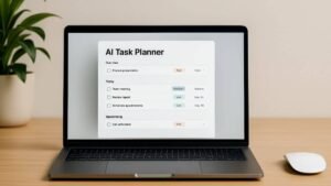 Modern workspace showing a laptop screen with an AI-enhanced task list