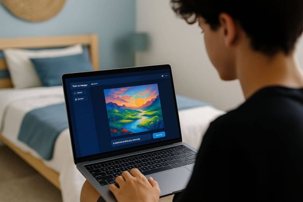 Teen using a creative AI design tool on laptop in a bedroom