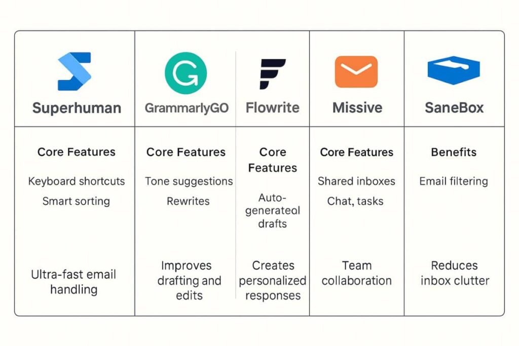 Comparison graphic of top email AI tools for professionals