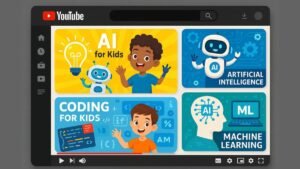 Screenshot-style mockups of AI-related YouTube channel thumbnails for kids