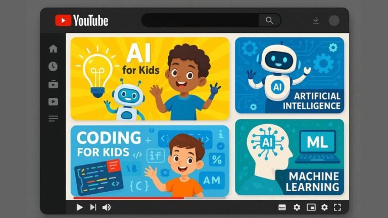 Screenshot-style mockups of AI-related YouTube channel thumbnails for kids