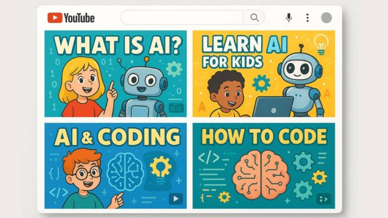 Screenshot-style mockups of AI-related YouTube channel thumbnails for kids