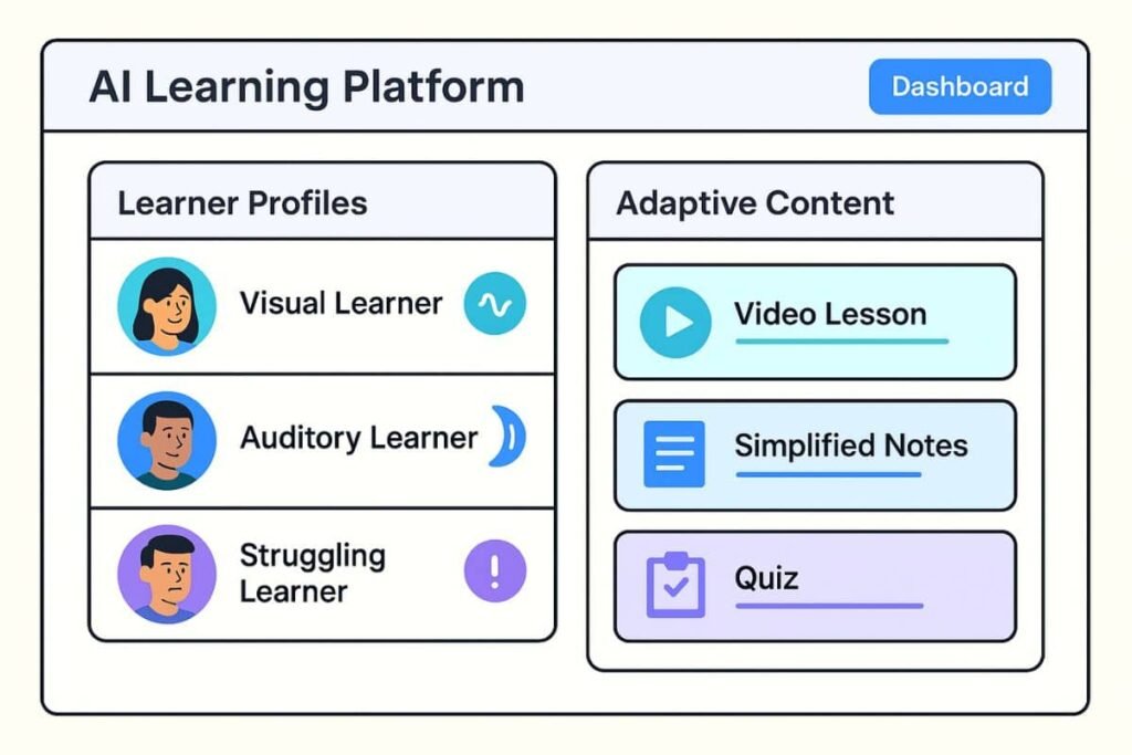 AI for better learning: Visual AI dashboard showing personalized learning tools for different student types