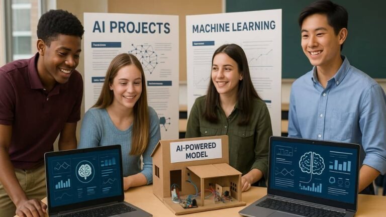Students exploring Google AI tools at a science fair booth with project displays