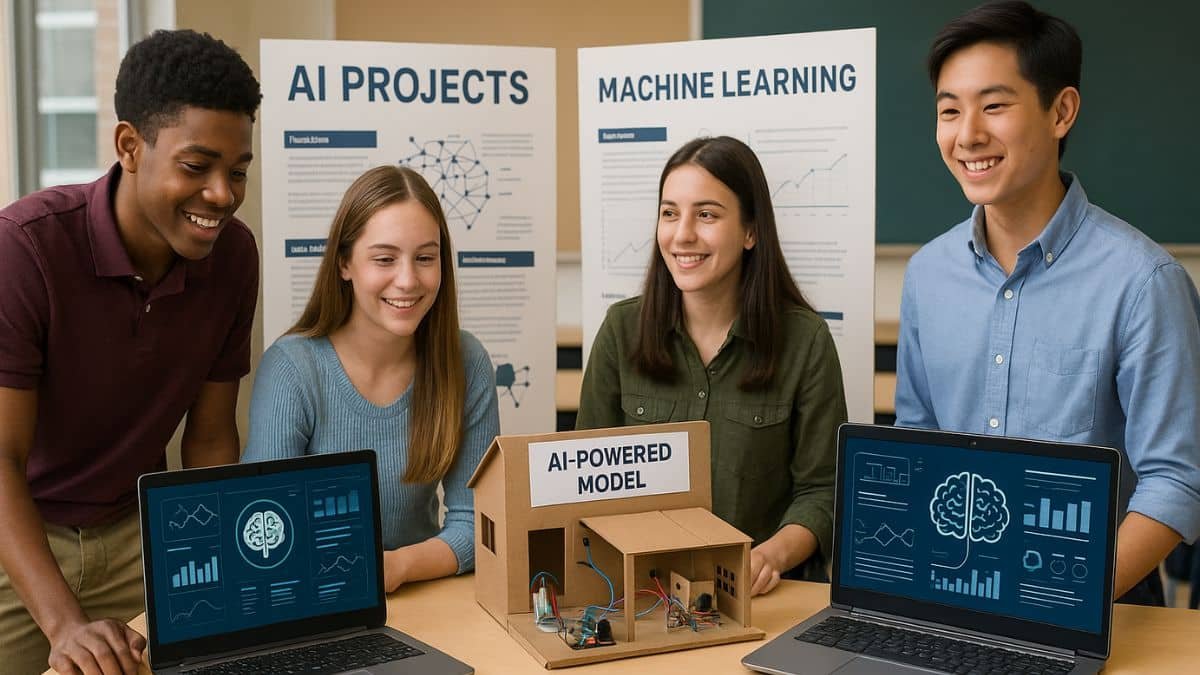Students exploring Google AI tools at a science fair booth with project displays