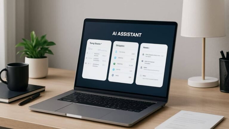 Person using AI productivity assistant on laptop in modern workspace