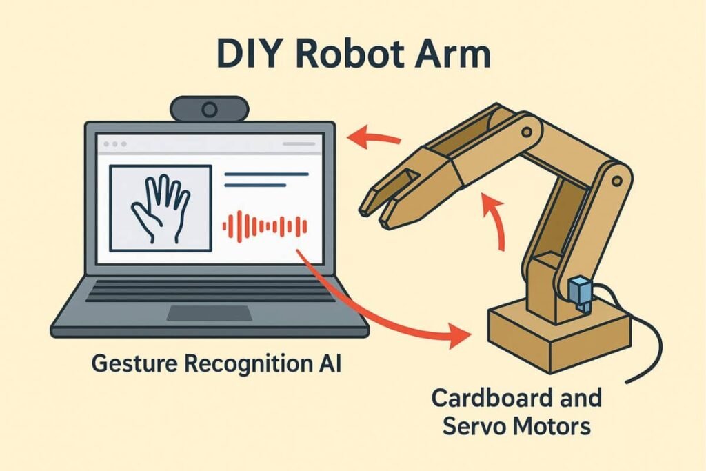 AI science projects: Illustrated diagram of AI-powered robot arm controlled by hand gestures