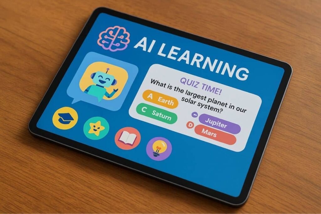 Tablet showing child-friendly AI learning app interface