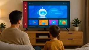 Parent and child watching AI-related content on smart TV in cozy living room