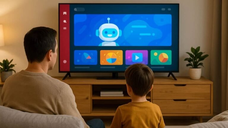 Parent and child watching AI-related content on smart TV in cozy living room