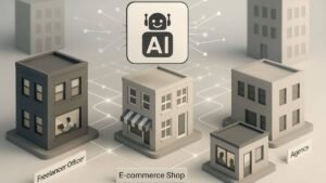 AI automation for business tasks: Visual metaphor of AI automation connecting freelancers, stores, and agencies