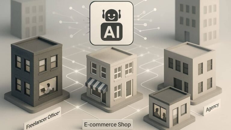 AI automation for business tasks: Visual metaphor of AI automation connecting freelancers, stores, and agencies
