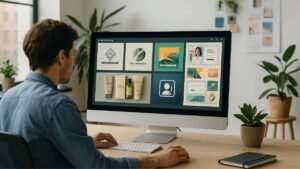 Designer creating brand visuals with AI on a computer screen in a modern studio with natural light