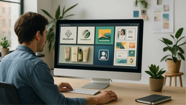 Designer creating brand visuals with AI on a computer screen in a modern studio with natural light