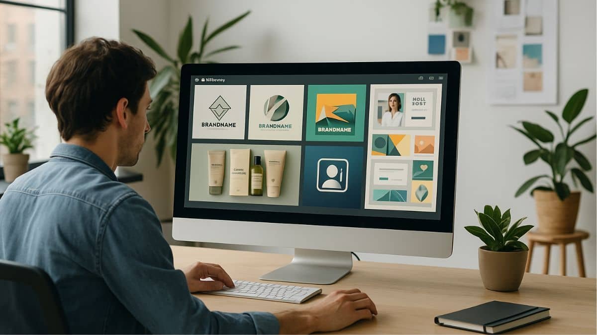 Designer creating brand visuals with AI on a computer screen in a modern studio with natural light