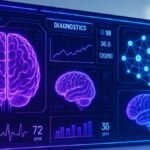 AI in healthcare: Futuristic AI dashboard visualizing healthcare data with glowing neural networks and medical overlays