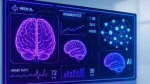 AI in healthcare: Futuristic AI dashboard visualizing healthcare data with glowing neural networks and medical overlays
