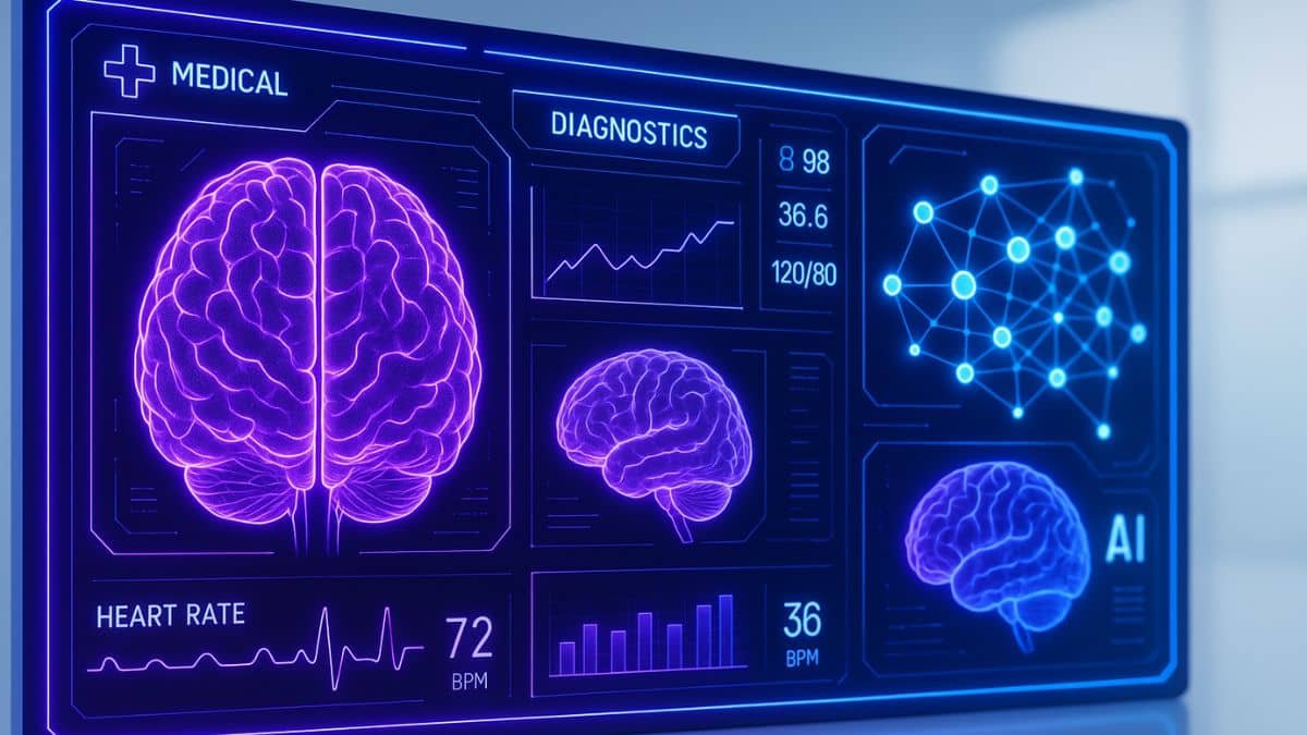 AI in healthcare: Futuristic AI dashboard visualizing healthcare data with glowing neural networks and medical overlays