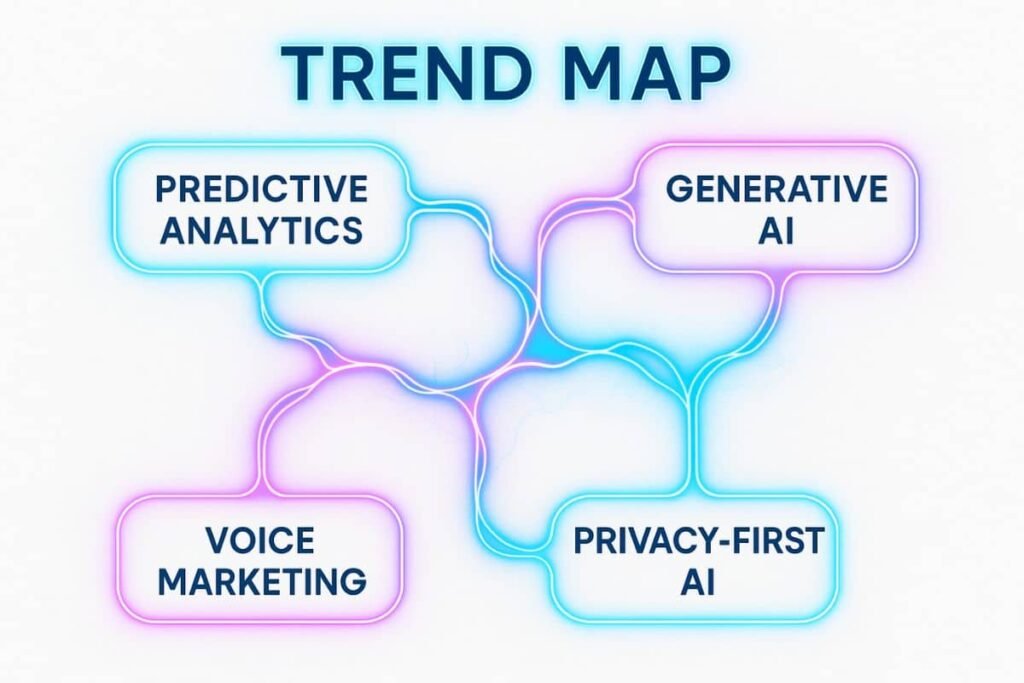 Best AI tools for digital marketing: Futuristic trend map with AI marketing innovations and predictive tools