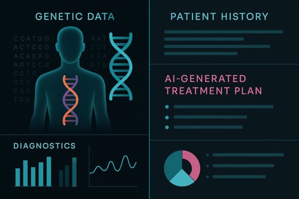 AI in healthcare: AI analyzing patient genetics and medical history to generate personalized treatment plan